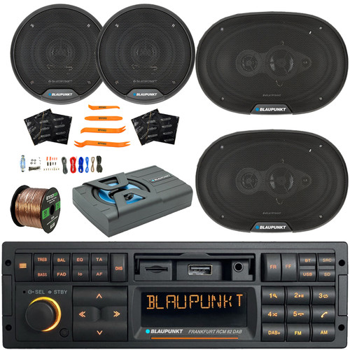 Blaupunkt FRANKFURT Single DIN 90's Retro Classic Bluetooth USB AM/FM Receiver, 2x 6" 40W Max Speaker, 2x 6x9" 70W Max Speakers, 8" Subwoofer Enclosure w/Kit, Wire, Speaker Deadener & Pry Tool Set