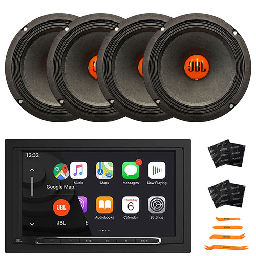 JBL Legend 700 7” Touchscreen Display Double-DIN Mechless Bluetooth AM/FM Radio Receiver, 4x 6.5" 300 Watt Max Power Midrange Woofer Car Audio Speakers + 4x Sound Deadener Material & Pry Tool Set