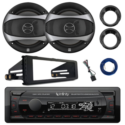 Infinity Alpha 100 Single DIN Bluetooth FM Radio MP3 Receiver, 2x 6.5" 100 Watt Max Power 2-Way Car Audio Speakers with Wire, Adapters, Radio Install Kit (1998-2013 Harley Davidson Motorcycles)