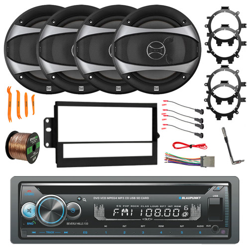 Blaupunkt Beverly Hills 150 Single DIN Bluetooth DVD/CD Receiver, 4x 6.5" 100W Speakers w/Wire, Radio + Speaker Harness, Adapters, Antenna w/Adapter, Removal Tool, Radio Install Kit (1994-2012 GM)