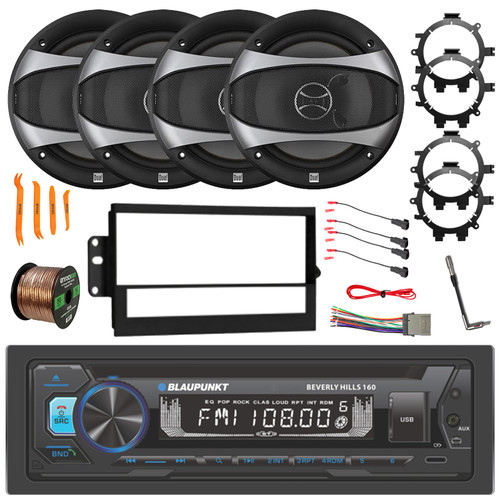 Blaupunkt Beverly Hills 160 Single DIN Bluetooth CD/DVD AM/FM Stereo Receiver w/Install Kit, 2x 6.5" 100W Max 2-Way Speakers w/Adapters + Harness, Wiring Harness, Antenna Adapter, Wire, Pry Tool Set