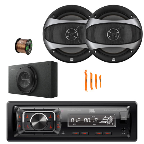 JBL Celebrity150 Single DIN Bluetooth FM Radio USB/AUX Receiver, 10" Subwoofer Enclosure, 2x 6.5" 100 Watt Max Power 2-Way Car Audio Speakers with Wire, Removal Tool