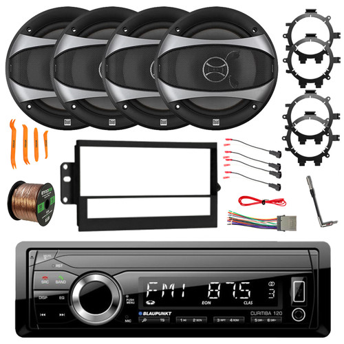 Blaupunkt CURITIBA120 Single DIN Bluetooth AM/FM Receiver, 4x 6.5" 100W Speakers w/Wire, Radio + Speaker Harness, Adapters, Antenna w/Adapter, Removal Tool, Radio Install Kit (1994-2012 GM)