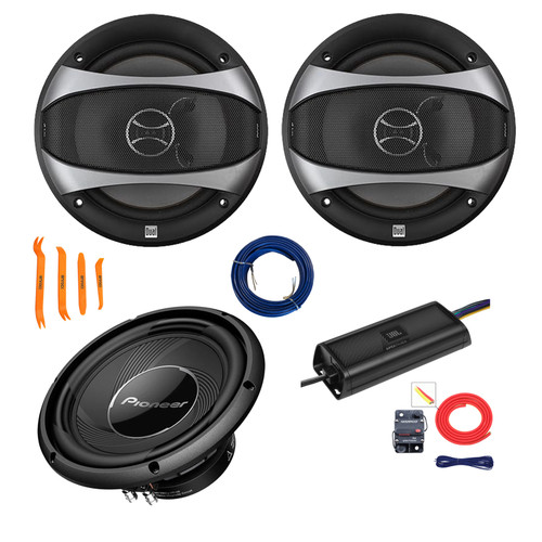 1 Pair (Qty 2) of Dual Electronics D65SP 6.5" 100 Watt Max Power 2-Way Car Audio Speakers, 10" Subwoofer, 4-Channel Amplifier w/Install Kit, Wire, Removal Tool