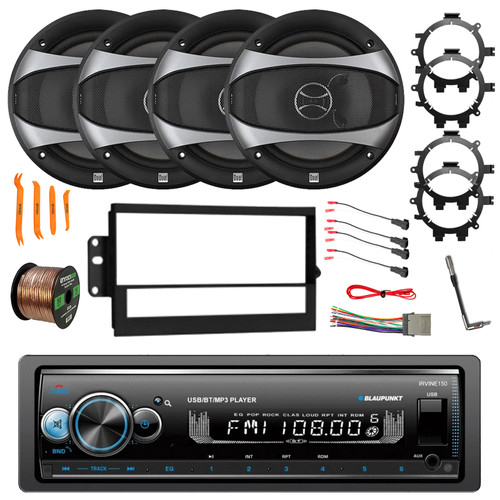 Blaupunkt IRVINE150 Single DIN Bluetooth AM/FM Receiver, 4x 6.5" 100W Speakers w/Wire, Radio + Speaker Harness, Adapters, Antenna w/Adapter, Removal Tool, Radio Install Kit (1994-2012 GM)