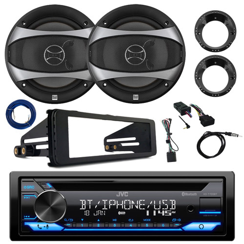 JVC KD-T720BT Marine Single DIN Bluetooth CD Receiver, 2x 6.5" 100 Watt Max 2-Way Car Audio Speakers with Wire, Adapters, Antenna, Handlebar Kit, Install Kit (1998-2013 Harley Davidson Motorcycles)