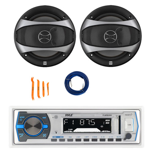 Pyle PLMRB29W Single DIN Bluetooth Marine MP3 Stereo Receiver, 2x 6.5" 100 Watt Max Power 2-Way Car Audio Speakers with Wire, Dash Removal Tool