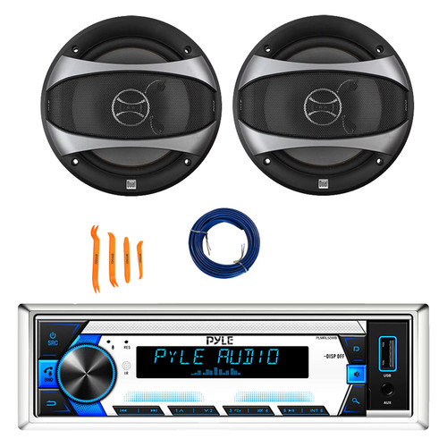 Pyle PLMRL50WB Single DIN Bluetooth AM/FM/MP3 Receiver, 2x 6.5" 100 Watt Max Power 2-Way Car Audio Speakers with Wire, Dash Removal Tool