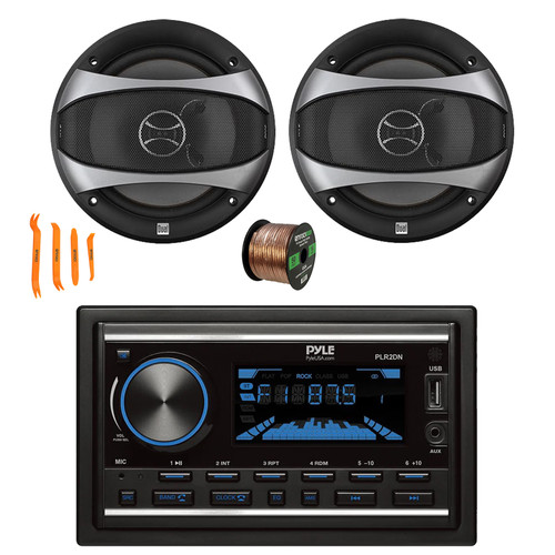 Pyle PLR2DN Double DIN Bluetooth Marine AM/FM Stereo Receiver, 2x 6.5" 100 Watt Max Power 2-Way Car Audio Speakers with Wire, Dash Removal Tool