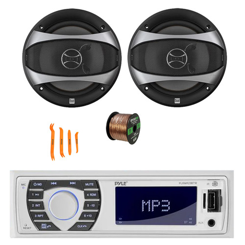 Pyle PLRMR23BTW Single DIN Bluetooth Marine MP3/USB/SD/AM/FM Stereo Receiver, 2x 6.5" 100 Watt Max Power 2-Way Car Audio Speakers with Wire, Dash Removal Tool