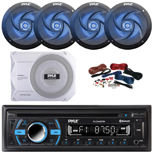 Pyle PLCD43BTM Single DIN Marine Bluetooth USB/AUX MP3 Player AM/FM Radio In-Dash Head unit Stereo Receiver, 4x 6'' 240W Max 2-Way Blue Flashing LED Speakers, 10” 900W Max Under-Seat Subwoofer W/Kit