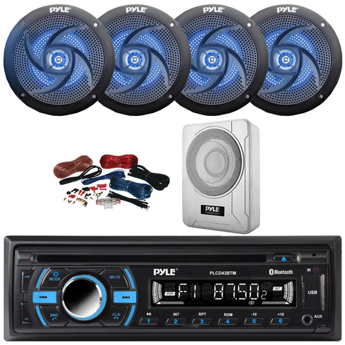 Pyle PLCD43BTM Single DIN Marine Bluetooth USB/AUX MP3 Player AM/FM Radio In-Dash Head Unit Stereo Receiver, 4x 6'' 240W Max 2-Way Blue Flashing LED Speakers, 8” 600W Max Under-Seat Subwoofer W/Kit