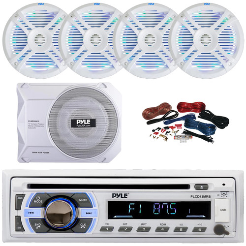 Pyle PLCD43MRB Single DIN Marine Bluetooth USB/AUX MP3 Player AM/FM Radio In-Dash Head unit Stereo Receiver, 4x 6.5" 250W Max Dual Cone RGB LED White Speakers, 10” 900W Max Under-Seat Subwoofer W/Kit