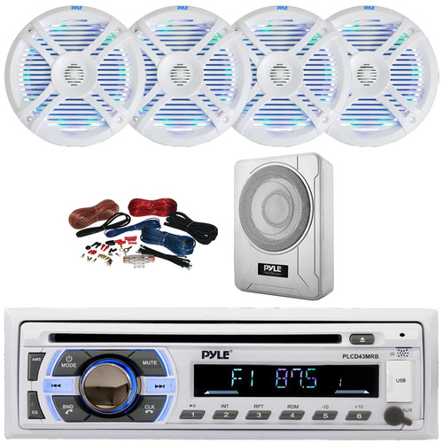 Pyle PLCD43MRB Single DIN Marine Bluetooth USB/AUX MP3 Player AM/FM Radio In-Dash Head Unit Stereo Receiver, 4x 6.5" 250W Max Dual Cone RGB LED White Speakers, 8” 600W Max Under-Seat Subwoofer W/Kit