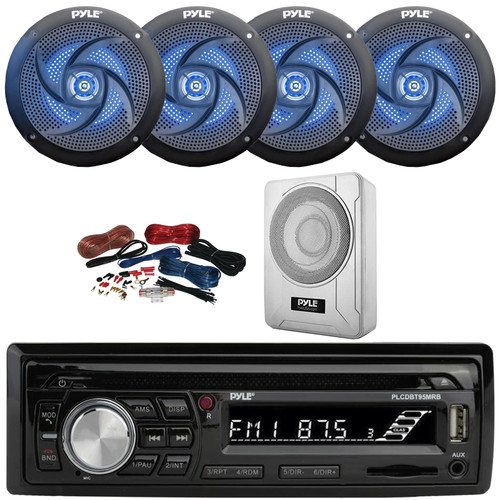 Pyle PLCDBT95 Single DIN Marine Bluetooth USB/AUX MP3/CD Player AM/FM Radio In Dash Stereo Receiver, 4x 6'' 240W Max 2-Way Blue Flashing LED Black Speakers, 8” 600W Max Under-Seat Subwoofer W/Kit