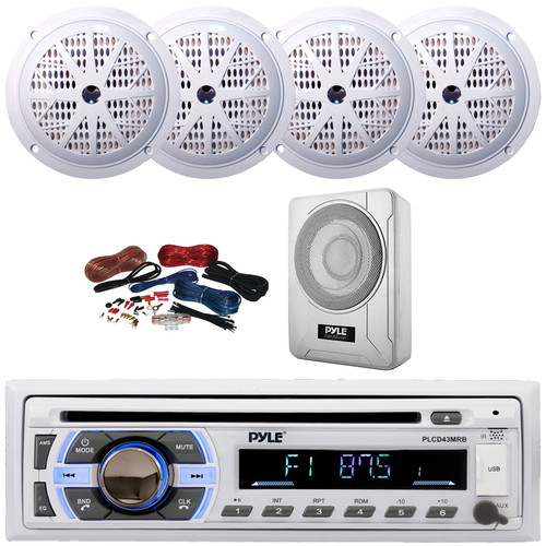 Pyle PLCD43MRB Single DIN Marine Bluetooth USB/AUX MP3 Player AM/FM Radio In-Dash Head Unit Stereo Receiver, 4x 5.25'' 100 Watt Max Power 2 Way White Speakers, 8” 600W Max Under-Seat Subwoofer W/Kit
