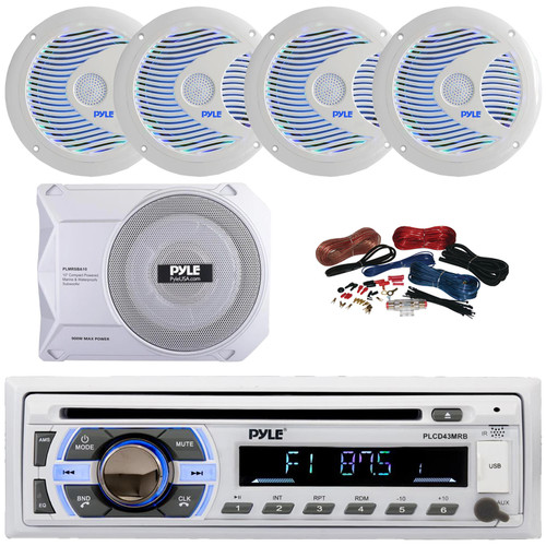 Pyle PLCD43MRB Single DIN Marine Bluetooth USB/AUX MP3 Player AM/FM Radio In-Dash Head unit Stereo Receiver, 4x 6.5'' 150W Max RGB LED Dual Cone Speakers, 10” 900W Max Under-Seat Subwoofer W/Kit