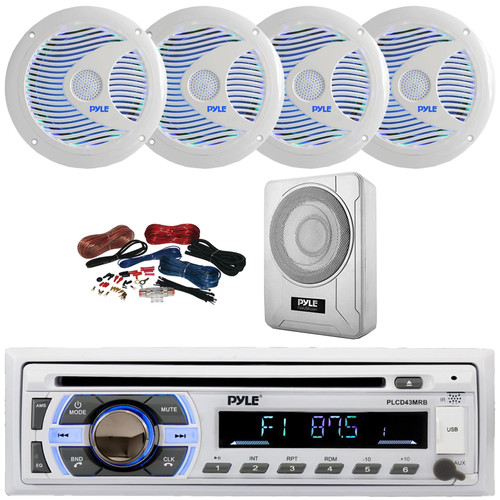 Pyle PLCD43MRB Single DIN Marine Bluetooth USB/AUX MP3 Player AM/FM Radio In-Dash Head Unit Stereo Receiver, 4x 6.5'' 150W Max Power RGB LED White Speakers, 8” 600W Max Under-Seat Subwoofer W/Kit