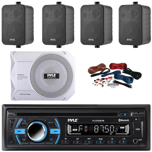 Pyle PLCD43BTM Single DIN Marine Bluetooth USB/AUX MP3 Player AM/FM Radio In-Dash Head unit Stereo Receiver, 4x 4" 30W Max Power 3-Way Indoor/Outdoor Speakers, 10” 900W Max Under-Seat Subwoofer W/Kit
