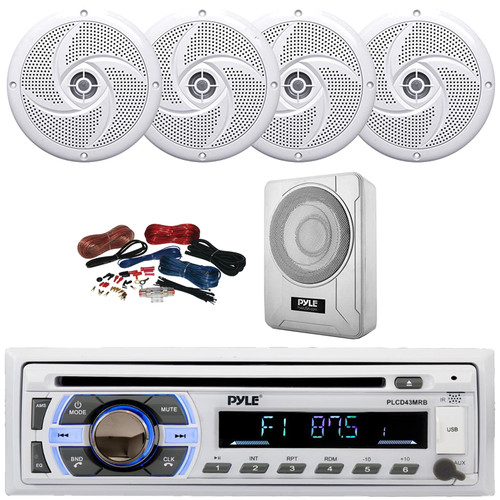 Pyle PLCD43MRB Single DIN Marine Bluetooth USB/AUX MP3 Player AM/FM Radio In-Dash Head Unit Stereo Receiver, 4x 4" 100W Max Low Profile 2-Way White Speakers, 8” 600W Max Under-Seat Subwoofer W/Kit