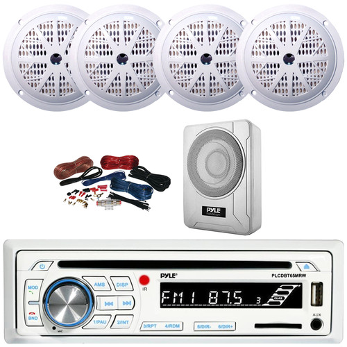 Pyle PLCDBT65 Single DIN Marine Bluetooth USB/AUX CD Player AM/FM Radio In-Dash Stereo Receiver, 4x 5.25'' 100 Watt Max Power 2 Way White Boat Speakers, 8” 600W Max Under-Seat Subwoofer W/Kit