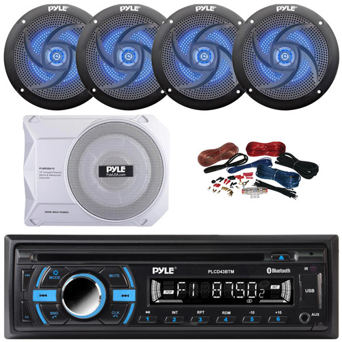Pyle PLCD43BTM Single DIN Marine Bluetooth USB/AUX MP3 Player AM/FM Radio In-Dash Head unit Stereo Receiver, 4x 5.25" 180W Max 2-Way Blue LED Speakers, 10” 900W Max Under-Seat Subwoofer W/Kit
