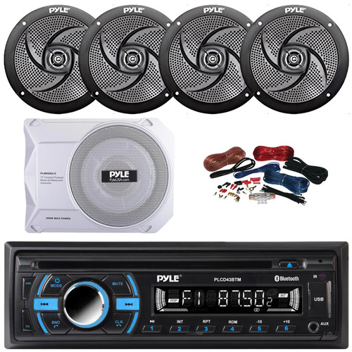 Pyle PLCD43BTM Single DIN Marine Bluetooth USB/AUX MP3 Player AM/FM Radio In-Dash Head unit Stereo Receiver, 4x 5.25" 180W Max 2-Way Low Profile Speakers, 10” 900W Max Under-Seat Subwoofer W/Kit