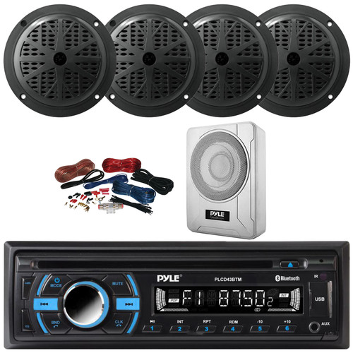 Pyle PLCD43BTM Single DIN Marine Bluetooth USB/AUX MP3 Player AM/FM Radio In-Dash Head Unit Stereo Receiver, 4x 5.25'' 100W Max 2-Way Full Range Black Speakers, 8” 600W Max Under-Seat Subwoofer W/Kit