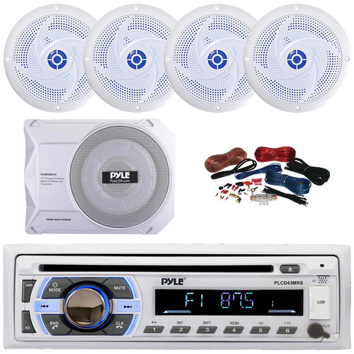Pyle PLCD43MRB Single DIN Marine Bluetooth USB/AUX MP3 Player AM/FM Radio In-Dash Head unit Stereo Receiver, 4x 5.25" 180W Max 2-Way Blue LED Speakers, 10” 900W Max Under-Seat Subwoofer W/Kit