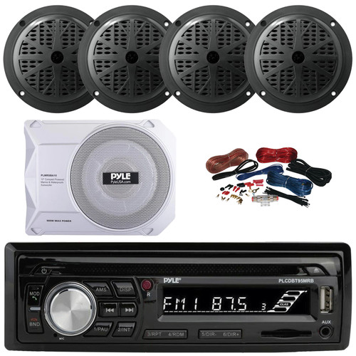 Pyle PLCDBT95 Single DIN Marine Bluetooth USB/AUX MP3/CD Player AM/FM Radio In Dash Stereo Receiver, 4x 5.25'' 100W Max 2-Way Full Range Boat Black Speakers, 10” 900W Max Under-Seat Subwoofer W/Kit