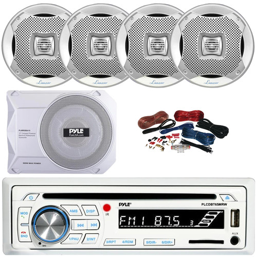 Pyle PLCDBT65 Single DIN Marine Bluetooth USB/AUX CD Player AM/FM Radio In-Dash Stereo Receiver, 4x 6.5” 400W Max 2-Way Full-Range Waterproof White Speakers, 10” 900W Max Under-Seat Subwoofer W/Kit