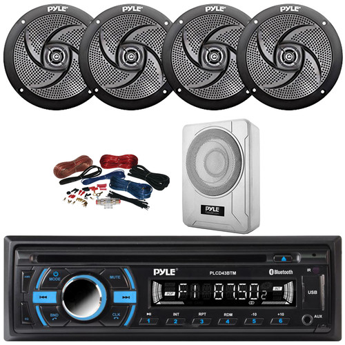 Pyle PLCD43BTM Single DIN Marine Bluetooth USB/AUX MP3 Player AM/FM Radio In-Dash Head Unit Stereo Receiver, 4x 6'' 240W Max Low Profile 2-Way Black Speakers, 8” 600W Max Under-Seat Subwoofer W/Kit