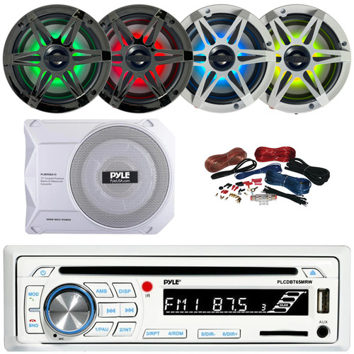 Pyle PLCDBT65 Single DIN Marine Bluetooth USB/AUX CD Player AM/FM Radio In-Dash Stereo Receiver, 4x 6.5" 120W Max RGB LED Coaxial Boat Speakers with Grilles, 10” 900W Max Under-Seat Subwoofer W/Kit