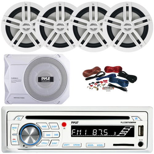 Pyle PLCDBT65 Single DIN Marine Bluetooth USB/AUX CD Player AM/FM Radio In-Dash Stereo Receiver, 4x 6.5" 180 Watt Max Power 2-Way White Boat Audio Speakers, 10” 900W Max Under-Seat Subwoofer W/Kit