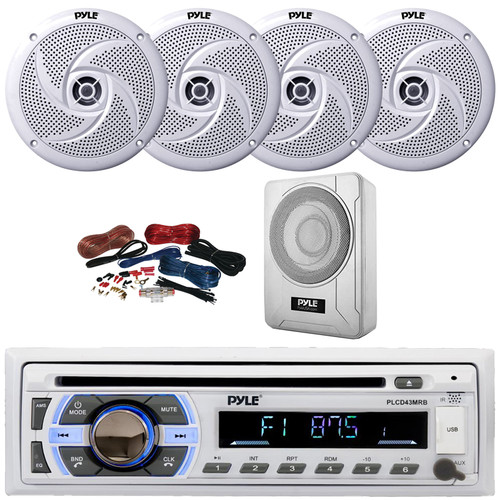Pyle PLCD43MRB Single DIN Marine Bluetooth USB/AUX MP3 Player AM/FM Radio In-Dash Head Unit Stereo Receiver, 4x 8'' 320W Max Low Profile 2-Way White Speakers, 8” 600W Max Under-Seat Subwoofer W/Kit