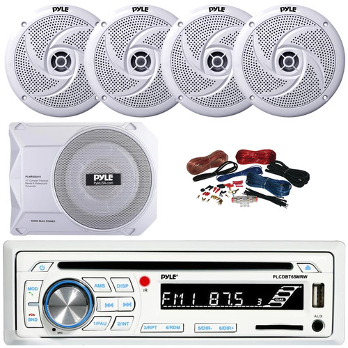 Pyle PLCDBT65 Single DIN Marine Bluetooth USB/AUX CD Player AM/FM Radio In-Dash Stereo Receiver, 4x 8'' 320 Watt Max Power Low Profile 2-Way White Speakers, 10” 900W Max Under-Seat Subwoofer W/Kit