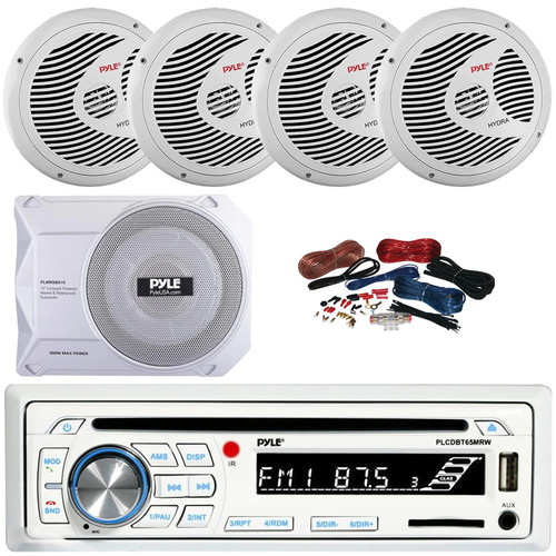 Pyle PLCDBT65 Single DIN Marine Bluetooth USB/AUX CD Player AM/FM Radio In-Dash Stereo Receiver, 4x 6.5" 150 Watt Max Full Range Dual Cone White Speakers, 10” 900W Max Under-Seat Subwoofer W/Kit
