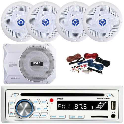 Pyle PLCDBT65 Single DIN Marine Bluetooth USB/AUX CD Player AM/FM Radio In-Dash Stereo Receiver, 4x 5.25" 180W Max 2-Way Blue Flashing LED White Speakers, 10” 900W Max Under-Seat Subwoofer W/Kit
