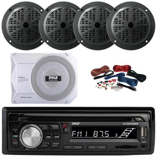 Pyle PLCDBT95 Single DIN Marine Bluetooth USB/AUX MP3/CD Player AM/FM Radio In Dash Stereo Receiver, 4x 4'' 100 Watt Max Dual Cone Waterproof Black Speakers, 10” 900W Max Under-Seat Subwoofer W/Kit