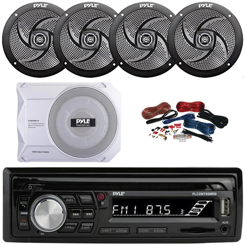 Pyle PLCDBT95 Single DIN Marine Bluetooth USB/AUX MP3/CD Player AM/FM Radio In Dash Stereo Receiver, 4x 6'' 240W Max Low Profile 2-Way Black Boat Speakers, 10” 900W Max Under-Seat Subwoofer W/Kit