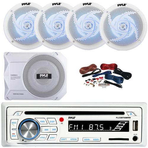 Pyle PLCDBT65 Single DIN Marine Bluetooth USB/AUX CD Player AM/FM Radio In-Dash Stereo Receiver, 4x 6.5" 240W Max Low-Profile 2-Way Blue LED White Speakers, 10” 900W Max Under-Seat Subwoofer W/Kit