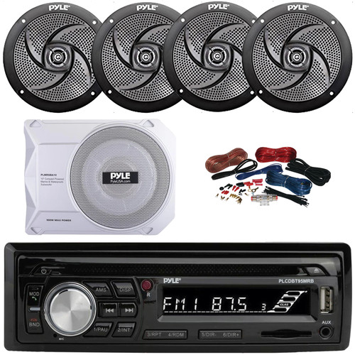 Pyle PLCDBT95 Single DIN Marine Bluetooth USB/AUX MP3/CD Player AM/FM Radio In Dash Stereo Receiver, 4x 5.25" 180W Max 2-Way Low Profile Black Boat Speakers, 10” 900W Max Under-Seat Subwoofer W/Kit