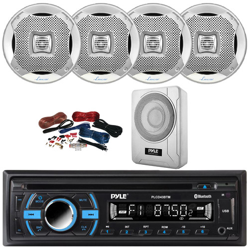 Pyle PLCD43BTM Single DIN Marine Bluetooth USB/AUX MP3 Player AM/FM Radio In-Dash Head Unit Stereo Receiver, 4x 6.5" 400W Max Water Resistant Speakers, 8” 600W Max Under-Seat Subwoofer W/Kit
