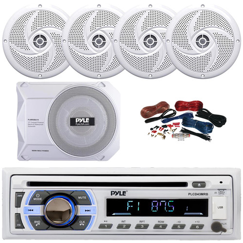 Pyle PLCD43MRB Single DIN Marine Bluetooth USB/AUX MP3 Player AM/FM Radio In-Dash Head unit Stereo Receiver, 4x 5.25" 180W Max Low Profile Slim Style Speakers, 10” 900W Max Under-Seat Subwoofer W/Kit