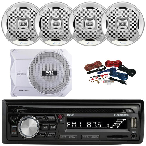 Pyle PLCDBT95 Single DIN Marine Bluetooth USB/AUX MP3/CD Player AM/FM Radio In Dash Stereo Receiver, 4x 6.5" 400W Max Water Resistant Boat Silver Speakers, 10” 900W Max Under-Seat Subwoofer W/Kit