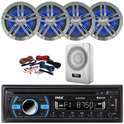 Pyle PLCD43BTM Single DIN Marine Bluetooth USB/AUX MP3 Player AM/FM Radio In-Dash Head Unit Stereo Receiver, 4x 6.5" 180W Max Power 2-Way Charcoal Speakers, 8” 600W Max Under-Seat Subwoofer W/Kit
