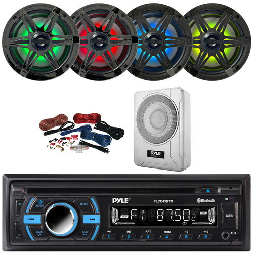 Pyle PLCD43BTM Single DIN Marine Bluetooth USB/AUX MP3 Player AM/FM Radio In-Dash Head Unit Stereo Receiver, 4x 6.5" 120W Max RGB LED Speakers with Grilles, 8” 600W Max Under-Seat Subwoofer W/Kit