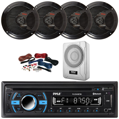 Pyle PLCD43BTM Single DIN Marine Bluetooth USB/AUX MP3 Player AM/FM Radio In-Dash Head Unit Stereo Receiver, 4x 6.5" 150W Max Full Range Dual Cone Speakers, 8” 600W Max Under-Seat Subwoofer W/Kit