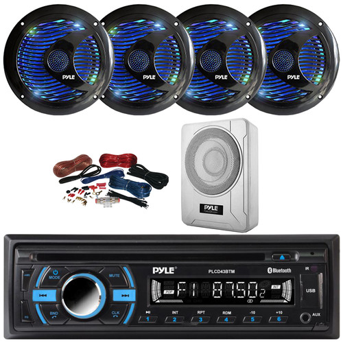 Pyle PLCD43BTM Single DIN Marine Bluetooth USB/AUX MP3 Player AM/FM Radio In-Dash Head Unit Stereo Receiver, 4x 6.5'' 150W Max Dual Cone RGB LED Black Speakers, 8” 600W Max Under-Seat Subwoofer W/Kit