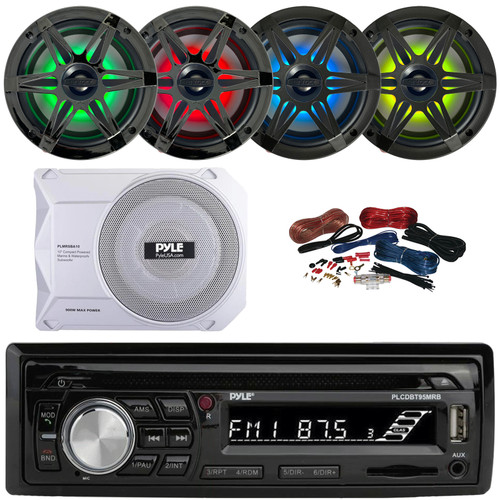 Pyle PLCDBT95 Single DIN Marine Bluetooth USB/AUX MP3/CD Player AM/FM Radio In Dash Stereo Receiver, 4x 6.5" 120W Max RGB LED Coaxial Speakers with Grilles, 10” 900W Max Under-Seat Subwoofer W/Kit